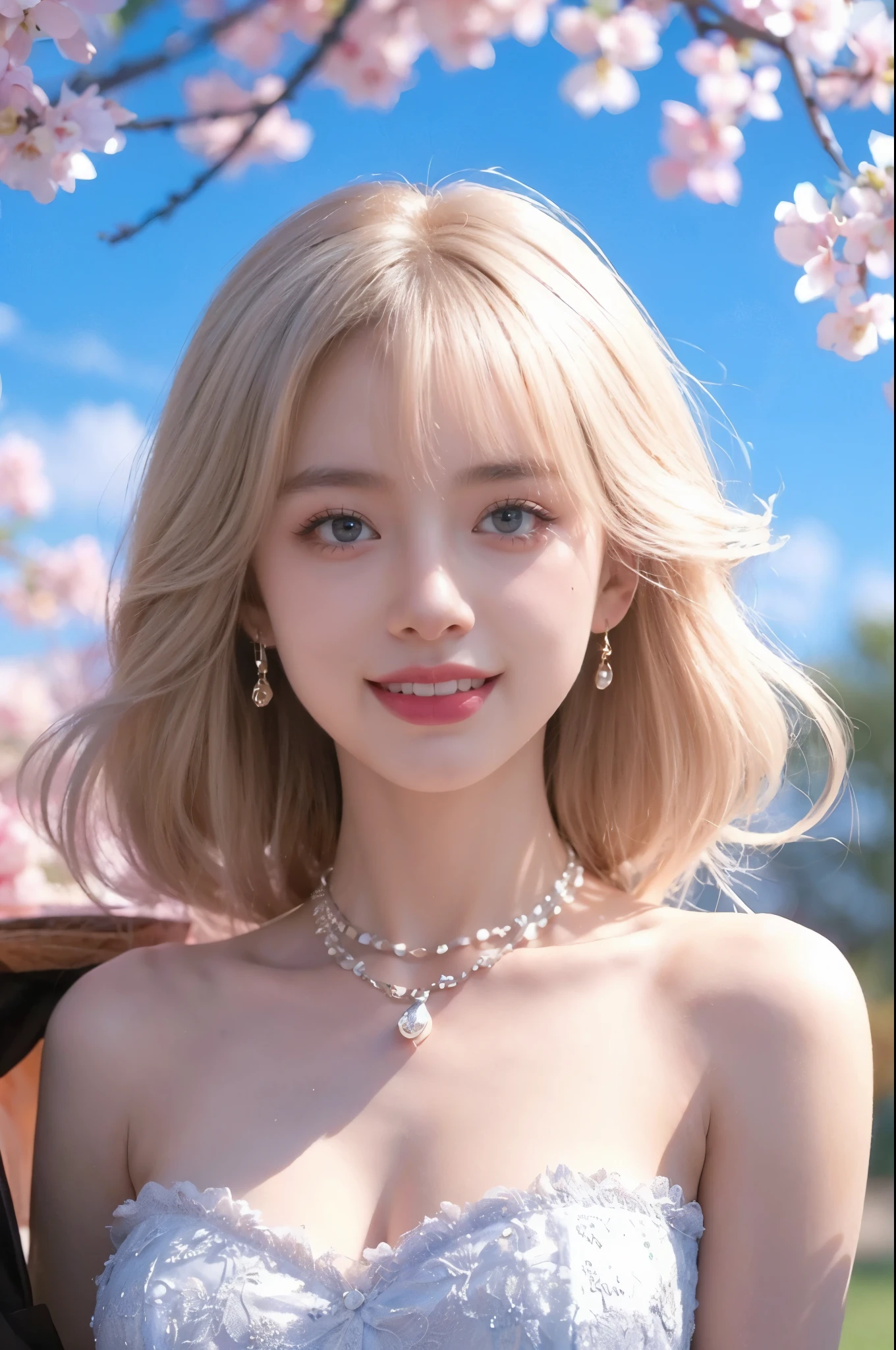 ((highest quality, 8k, masterpiece :1.3)), Sharp focus :1.2, Beautiful woman with perfect figure :1.4, Slim Abs :1.2, ((Big Breasts, Emphasize cleavage:1.3)), (Photorealistic:1.4), (realistic:1.4), Highly detailed face and skin texture, Fine grain, double eyelid. Makeup face. A little bit of lipstick, necklace, Earrings, sex appeal, Sexy gravure pose, ((A beautiful blonde woman in an elegant blue dress、Posing in front of the castle。She has a lovely smile。:1.3)
