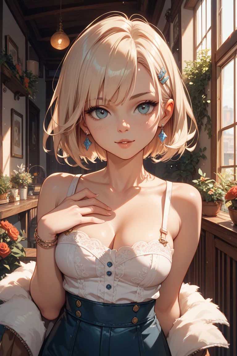 Highest Quality, masterpiece, beautifully detailed eyes, (dark skin), short Blonde Hair, Gradient Hair, pink highlights in hair, large breasts, sitting, makeup, glossy lips, full lips, cafe, at a table, light smile, blush, (view from side), sundress, collarbone, necklace, high heels, looking at book
