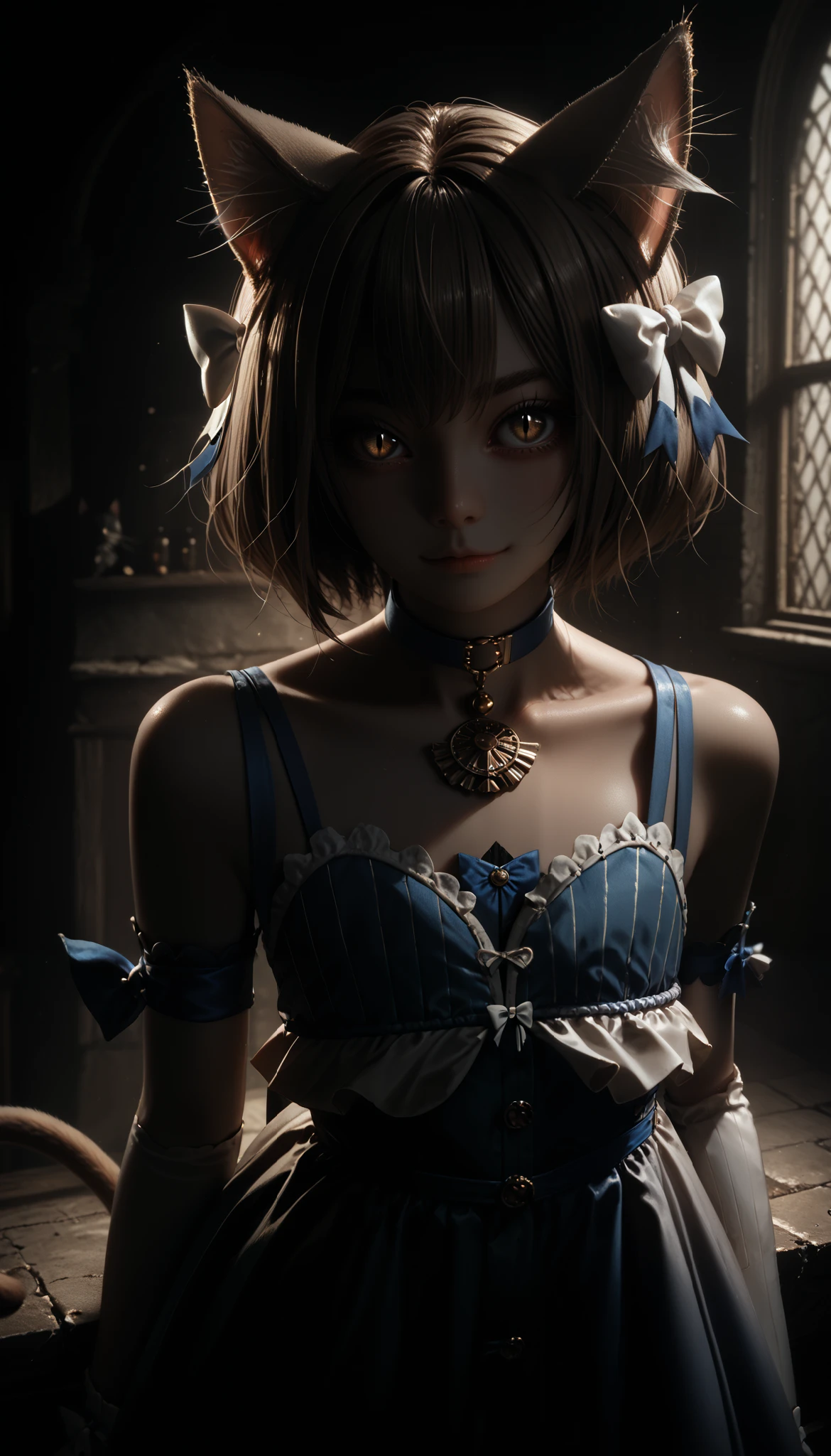 score_9, score_8_up, score_7_up, BREAK, 1boy,solo,animal ears, hair bow, cat ears, brown hair, short hair, bangs, sleeveless dress, brown eyes, white bow, blue choker,  shoulders,thick eyebrows, detached sleeves, looking at viewer, dress bow, pendant, cat tail, black pantyhose, arm ribbon, standing, slit pupils, smug, eyelashes,Eyes are glowing, close-up, at the hotel, dimly lit room of a medieval hotel, old stone walls, cozy but slightly creepy atmosphere