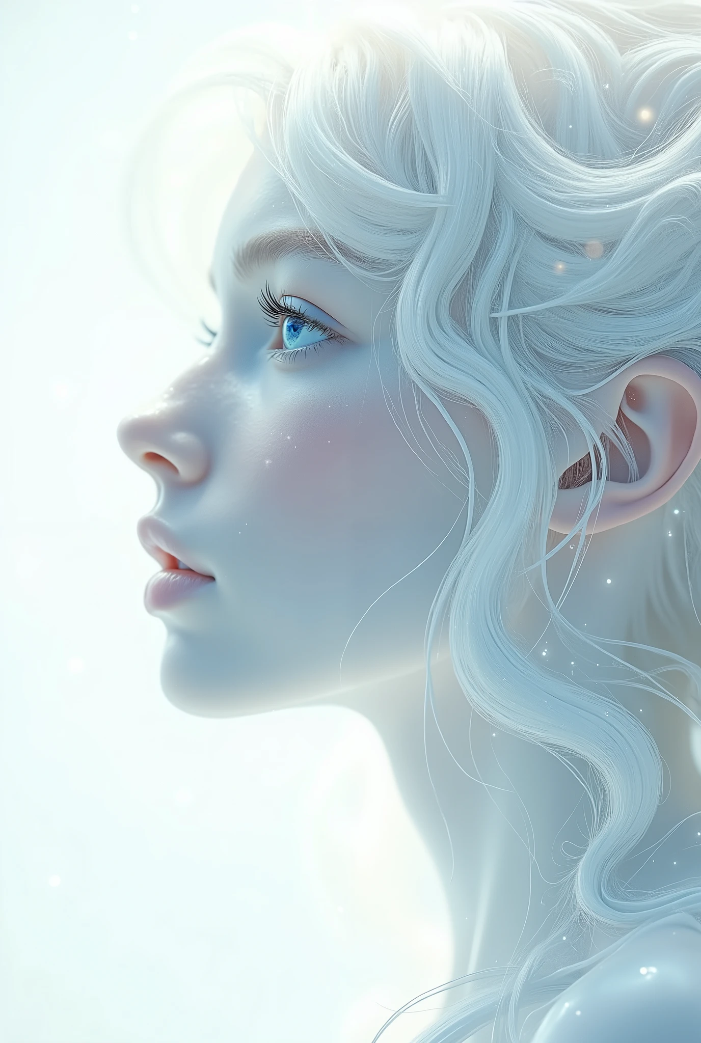A surreal, unearthly image of a woman in profile, with a fascinatingly beautiful, almost angelic appearance, her pale face seems to glow, smoothly merging with a pure white background, creating the impression that she arises from the light itself. The focus is on her very large piercing blue eyes, their crystal clarity and soft radiance, conveying a sense of unearthly wisdom and tranquility. Her long eyelashes look bold and spectacular, contrasting sharply with her porcelain skin, and attract the viewer's gaze to her irresistible gaze. She has graceful facial features with high cheekbones, a perfectly straight nose and soft, full lips that maintain a refined, neutral expression, emphasizing serenity and quiet strength. Her platinum-white hair gently flows upwards, emphasizing her divine appearance. Thin strands, light and silky, smoothly merge into a white background, creating an unreal, fabulously textured background, outlined with the thinnest lines, similar to threads, then to isobars, from different angles in tone and shade, The lighting is diffused and uniform, it erases shadows and creates a minimalistic aesthetic that fully emphasizes its striking features. The features seem to come from a grainy, incredibly pure and deep air, In general, the composition seems timeless, as if it reflects the essence of purity and perfection, with a soft, fabulous shade., which encourages introspection and reverence. The simplicity of the image enhances its mystery, creating a deep angelic presence that seems both familiar and otherworldly.Semi-realistic digital art, digital painting, fine detail in k64 format