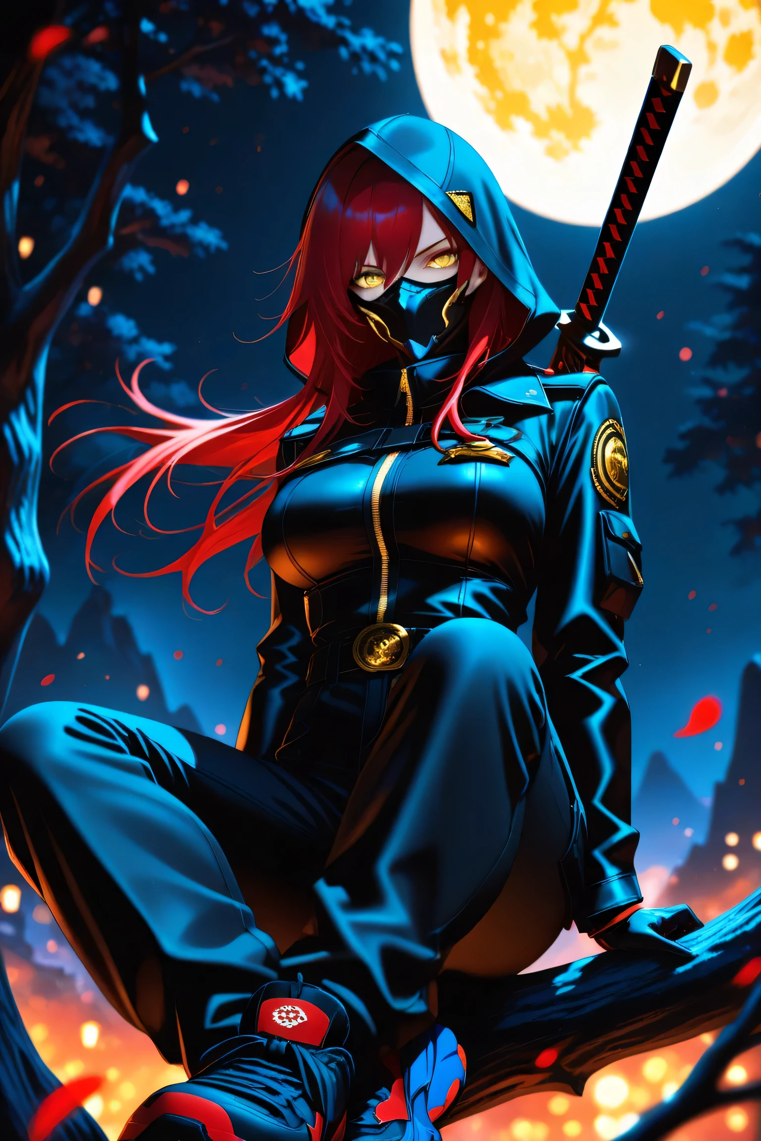 1girl, girl_focus, red hair, long hair, golden eyes, ninja swords, solo, black cop top jacket, gloves, mask, sitting, sneakers, black cargo pants, looking_at_viewer, sitting in a tree, belt, hood, black_pants, black_gloves, weapon_on_back, busty body, full moon, night,