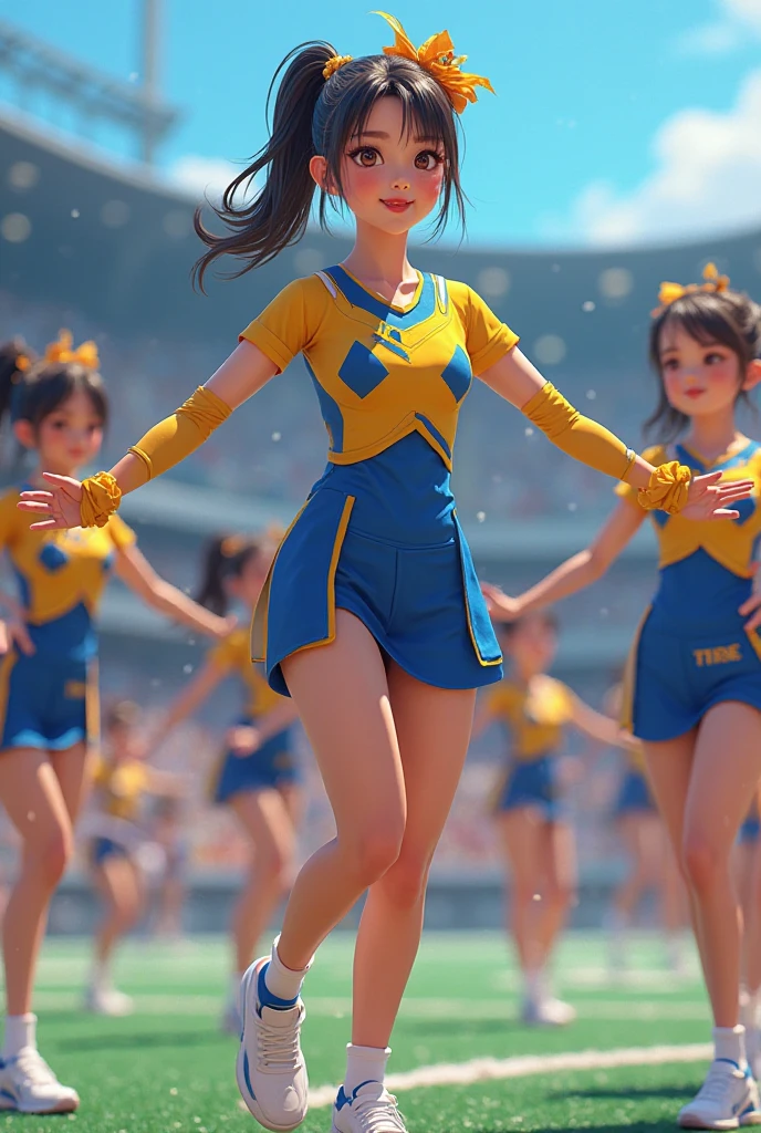Beautiful cheerleaders wearing colorful uniforms、(Highest quality、4K、8k、High resolution、masterpiece:1.2)、Super detailed、(Real、Photorealistic、Photorealistic:1.37)、HDR、uhd、Studio Lighting、Ultra High Definition Painting、Sharp Focus、Physically Based Rendering、Extremely detailed depiction、professional、Bright colors、Bokeh、Portrait、Dynamic pose、Energetic look、sports、Softness、Long legs、High Ponytail、Colorful pom poms、Metallic sky blue and metallic pink uniforms、Sky blue and pink sneakers、Outdoor field、blue sky、Fluffy Clouds