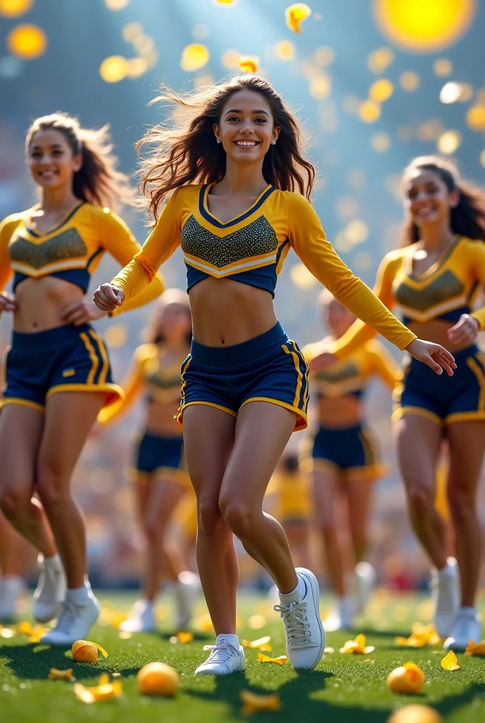 Maximalism, masterpiece, top quality, 8k, high resolution, super detailed, absurd, vivid contrast, insanely detailed, BREAK 1girl, belviso, solo, (Beautiful face, brightly colored shining eyes, clear skin, smile, shiny hair: 1.2), (full body:1.2) BREAK (cheerleader:1.4), BREAK baseball stadium,girl,watercolor