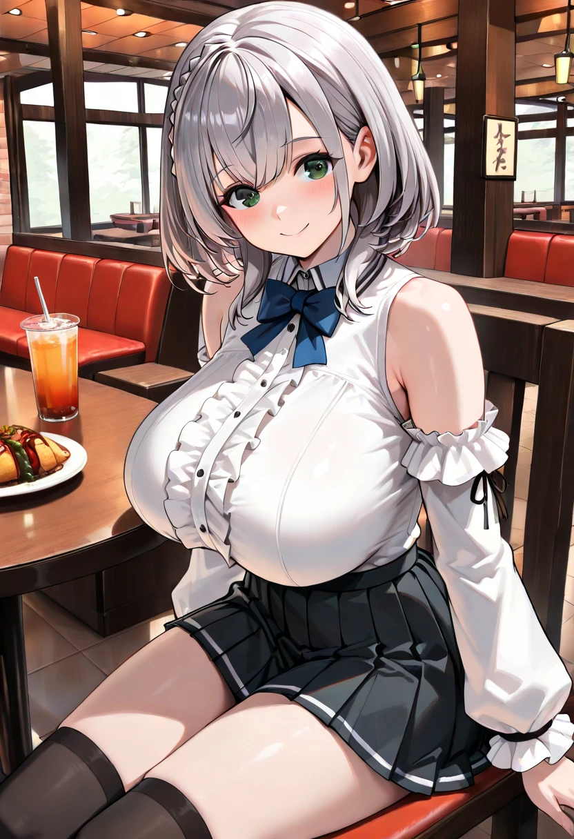 super high image, super detail, super high resolution, adult female, sexy, beautiful, cute, amorous expression, lewd expression, orgasm, light silver glossy braided bangs short hair, sparkling big eyes, double eyelids, huge breasts, abs, tight shirt, cleavage, super mini skirt, open cafe, professional lighting