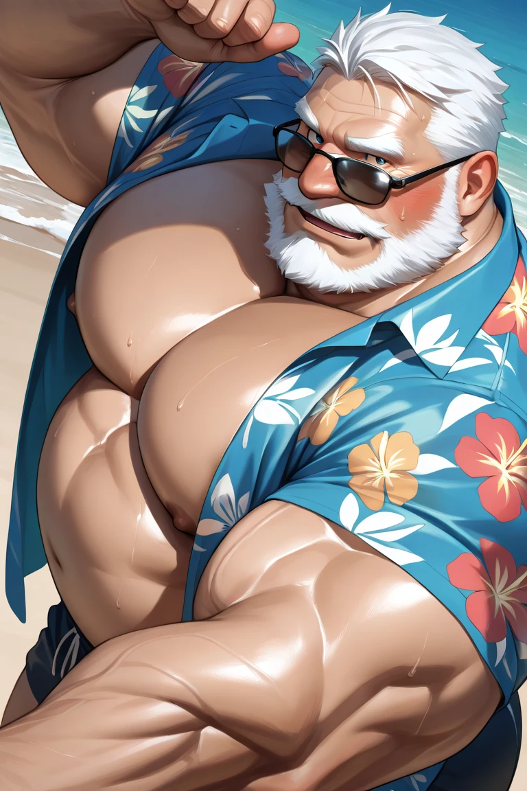 (masterpiece, best quality, detailed:1.2) old muscleman, daddy, long wavy white hair(king triton), big white beard, smiling , happy face, smirk, wearing a spandex speedo(pink) thong, very muscular body, chest hair , nicebulge, seascape, fluffy clouds, mustache, realistic, full body shot, shiny spandex thong(!), playing in waves, beach ball, beach ball spinning, tan skin, water dripping off his body, water droplets glistening, big waves in background, floating on a float, blowup float(donut), lying on float in water, legs open, view from above, , shiny skin, lots of tattoos on arms, tattoo sleve, surfer necklace, lush tropical flora, tropical flower in his hair, palm tree shade, holding a cold cocktail drink in hand, raising a glass,