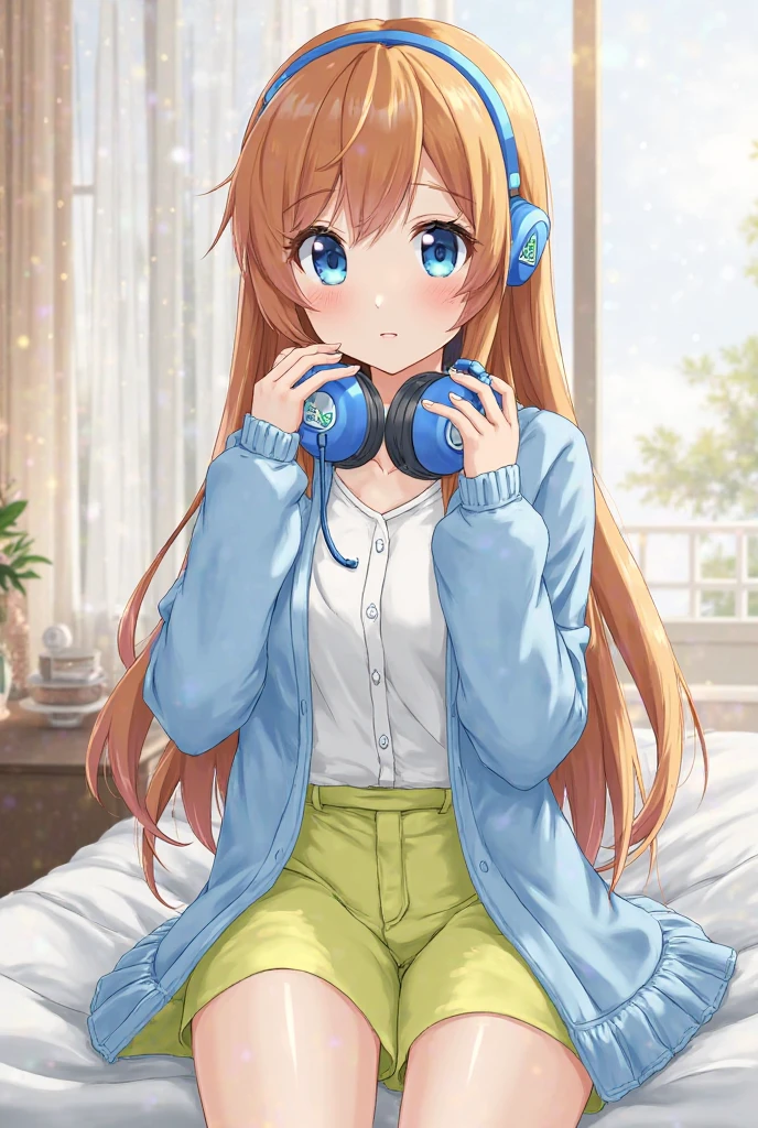 score_9_up,score_8_up,score_7_up, A girl lounging in her bedroom, a PC monitor turned on, a gaming chair, a cluttered room, fetal position, Sparkling,, (8k), (super fine illustration), detailed beatiful face, detailed beatiful eyes, detailed beatiful hair, perfect body, perfect hands, dynamic pose, dutch angle}, , looking at viewer, 20-year-old woman, mikunakano, miku nakano, long hair, bangs, blue eyes, brown hair, shirt, hair between eyes, cardigan, headphones around neck, mature female, medium breasts, skirt, shirt, long sleeves, white shirt, pantyhose, pleated skirt, black pantyhose, cardigan, green skirt, blue cardigan, bare foot, foot focus, from below ,anklet, chalkboard, shiny skin, pale skin, colored toenails,