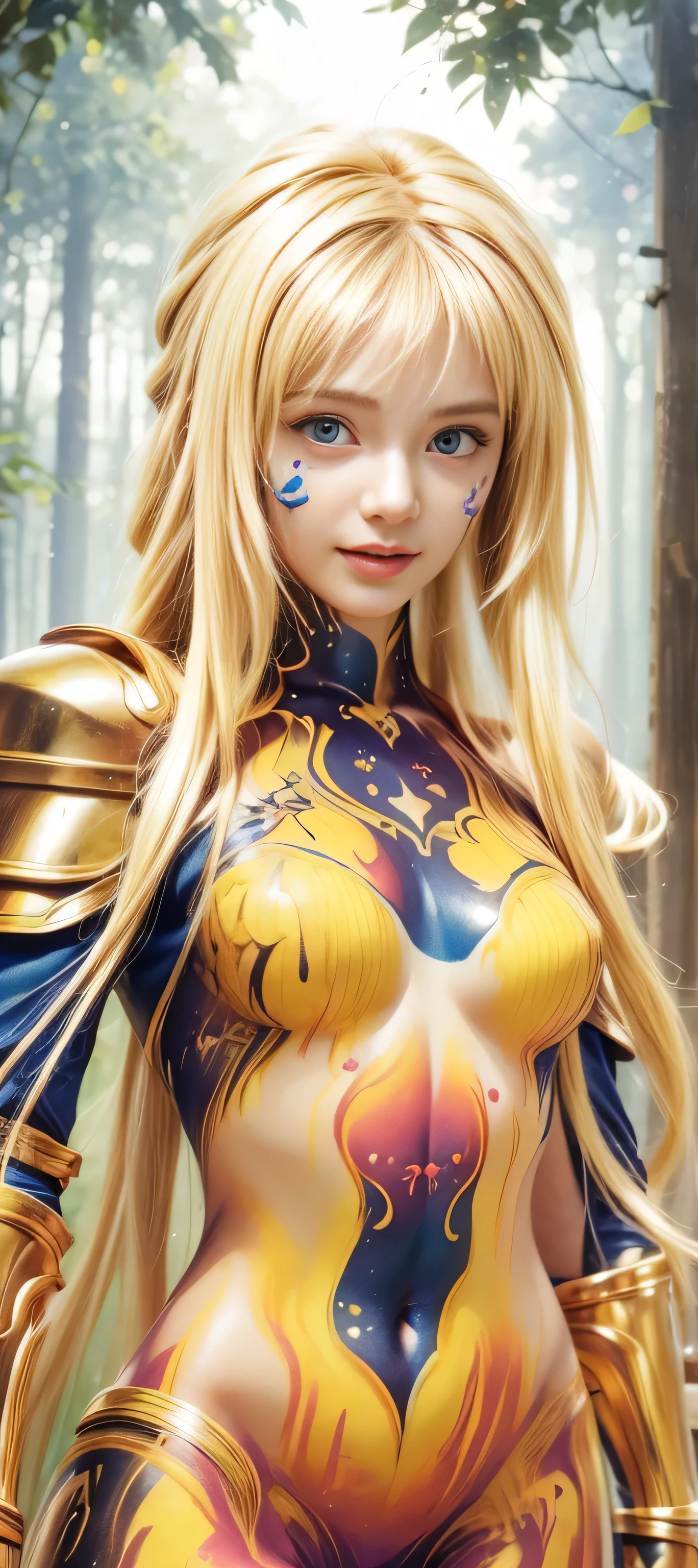 masterpiece, best quality, (realistic,photo-realistic:1.4), (RAW photo:1.2), extremely detailed CG unity 8k wallpaper, delicate and beautiful, amazing,finely detail, official art, absurdres, incredibly absurdres, huge filesize, ultra-detailed,extremely detailed eyes and face,light on face,alice zuberg,(little smile),(blonde hair:1.4),(long hair:1.4),(wearing armor:1.5),forest background,(body paintings:1.5),white hairband