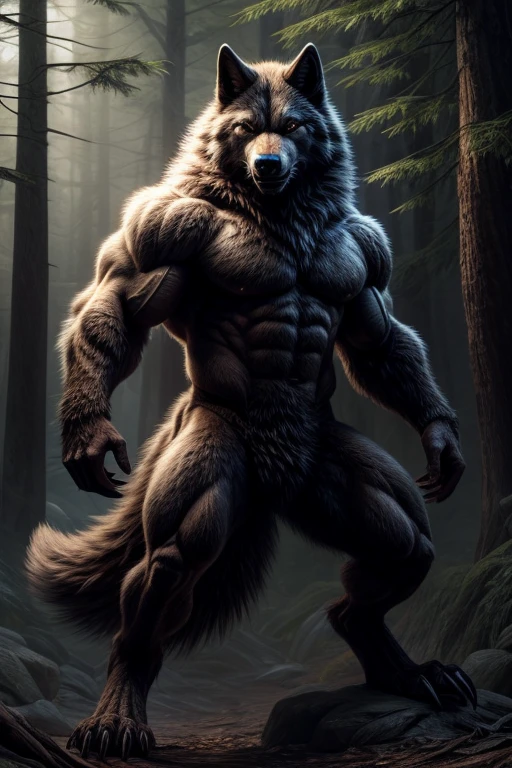 werewolf, male, glowing blue eyes, brown skin, strong, naked