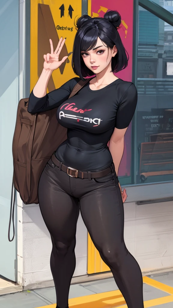 skirt, cloth bulge, 1girl, futanari, dark_skin, black_hair, t-shirt, large_breasts, erection_under_clothes,, beautiful, (masterpiece:1.2), (best quality:1.2), perfect eyes, perfect face,