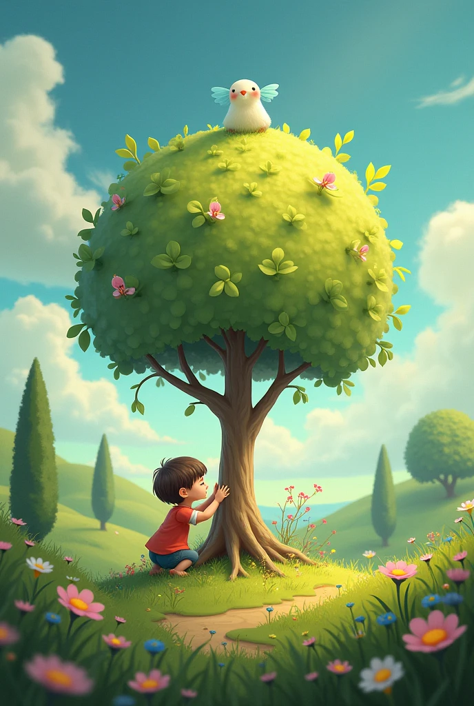 A planting a small seed in the ground, with a hopeful expression. Above the ground, faint outlines of a fully grown plant or tree are shown, representing the potential of the wish.