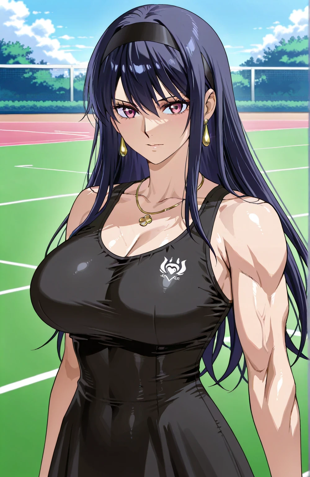 score 9 、score 8 up、score 7 up、source anime、masterpiece、Highest Quality、high resolution、anime coloring、1woman、Katya 、cool beauty、 anime woman wearing white tennis suit with long hair、Alone、Beautiful anime portrait、Beautiful Anime Girl、portrait of an anime girl、BEAUTIFUL ANIME WOMAN、Big Breasts、woman with very large breasts、biceps、biceps long head、biceps short head、triceps、triceps medial head、triceps lateral head、triceps longhead、brachioradialis 、deltoids、anterior deltoids、middle deltoids、posterior deltoids、collarbone、( Gold:1.2)、hair between his eyes、eyelash、long hair、List、jewelry necklace、jewelry earrings、black hairband、anime woman wearing white tennis one piece 、Anime Woman Portrait、 classy atmosphere、 elegant atmosphere、costume:white tennis one piece、sleeveless、 female anime character 、Cool anime women、Very tall woman、 Basic Tennis Dress 、tennis one piece with an white、toned body、tennis one piece sleeve with an no sleeve、 Bigger Chest and Butt 、Anime Female Portrait 、detailed Anime Female Portrait 、Anime female portrait、Anime Woman Portrait、The King's Hymn as a Princess、looking at viewer、cowboy shot、female focus、Outdoors、tennis court、