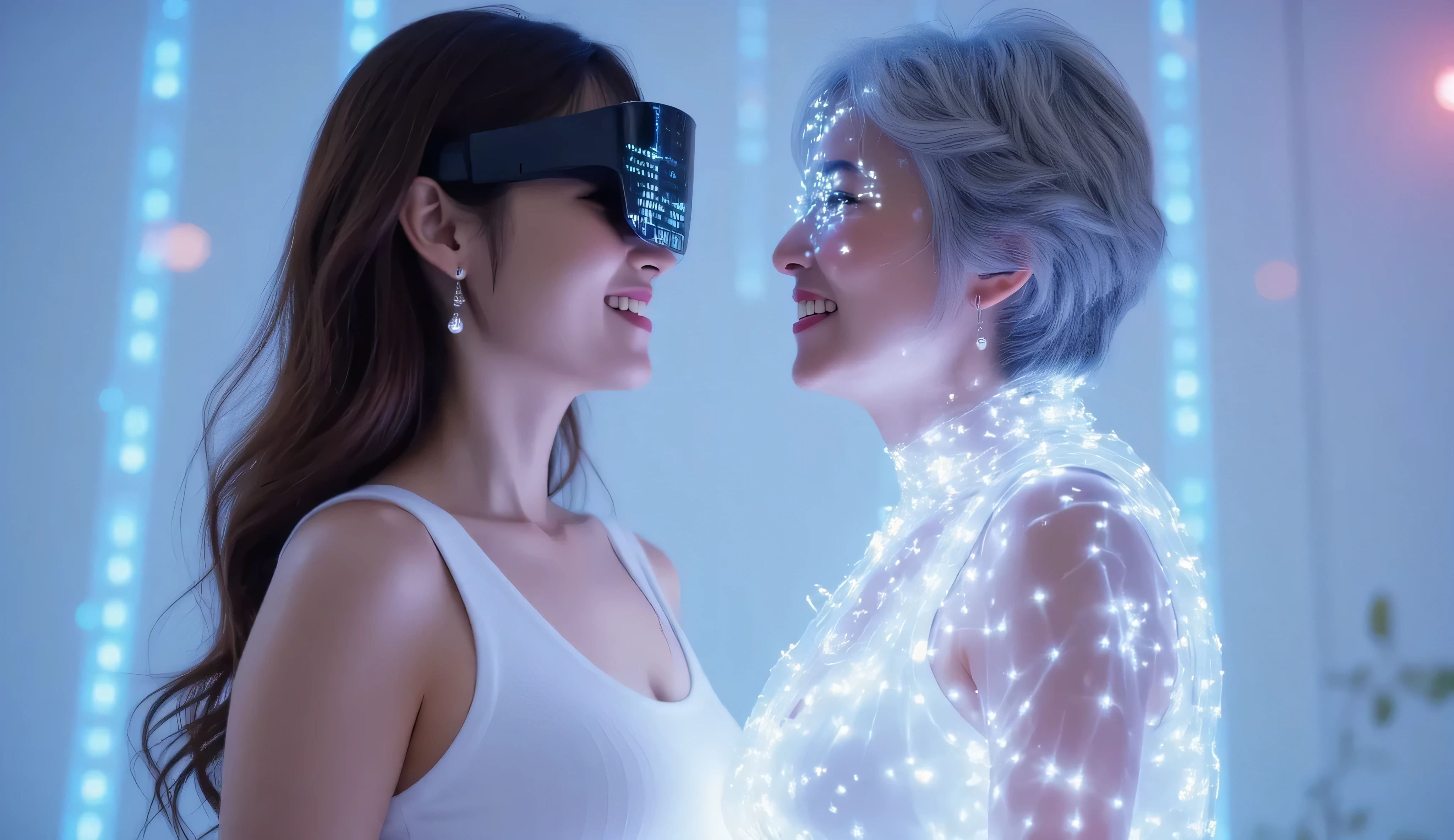 In an imaginary Metaverse world, a young woman in a flowing white dress stands face-to-face with her elderly grandmother. The grandmother body glowing, translucent figure.
The young woman is wearing futuristic smart glasses that display floating digital data in front of her eyes.
The woman smiles at her grandmother, and they share a peaceful, emotional moment in this tranquil digital world, srounded by
Background a glowing trail of blue and pink light.
