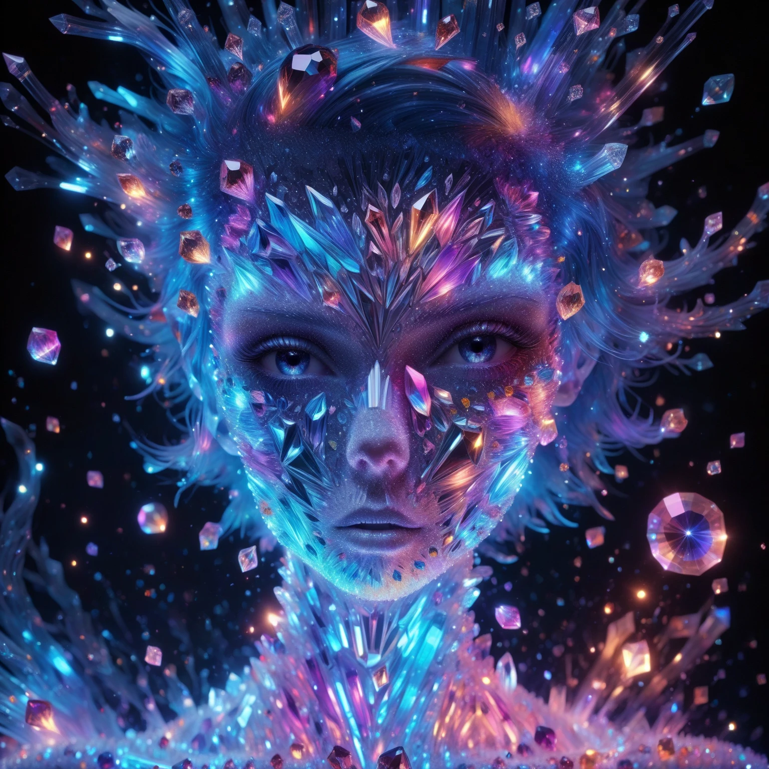 Abstract surrealist style with dreamlike and abstract elements, often with a focus on the subconscious mind, beautifully morbid skeleton women, zkeleton, (diamonds covered zkeleton, crystalz:1.4), iroquoi haircut made of vibrant rainbow gradient fractal cloud exponential explosion, shooting ink in water, splattered, centered, soft lightning, 8k, ultradetailled, head turned, side view, abstract surrealism, dreamlike, abstract elements, subconscious mind, imaginative, whimsical, experimental, innovative,diamonds covered zkeleton, crystalz, iroquoi haircut made of vibrant rainbow gradient fractal cloud exponential explosion, shooting ink in water, splattered, centered, soft lightning, 8k, ultradetailled