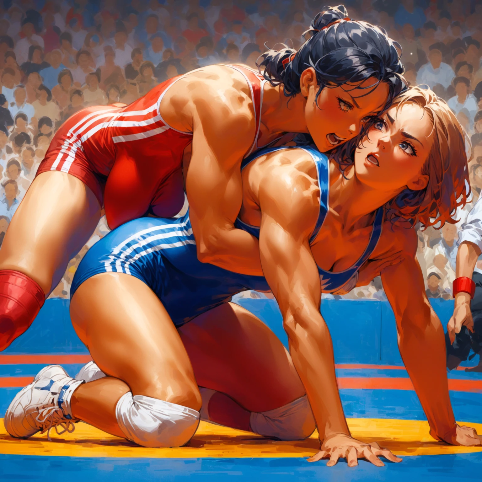 Female freestyle wrestling, European faces, sweaty bodies, one piece swimsuits