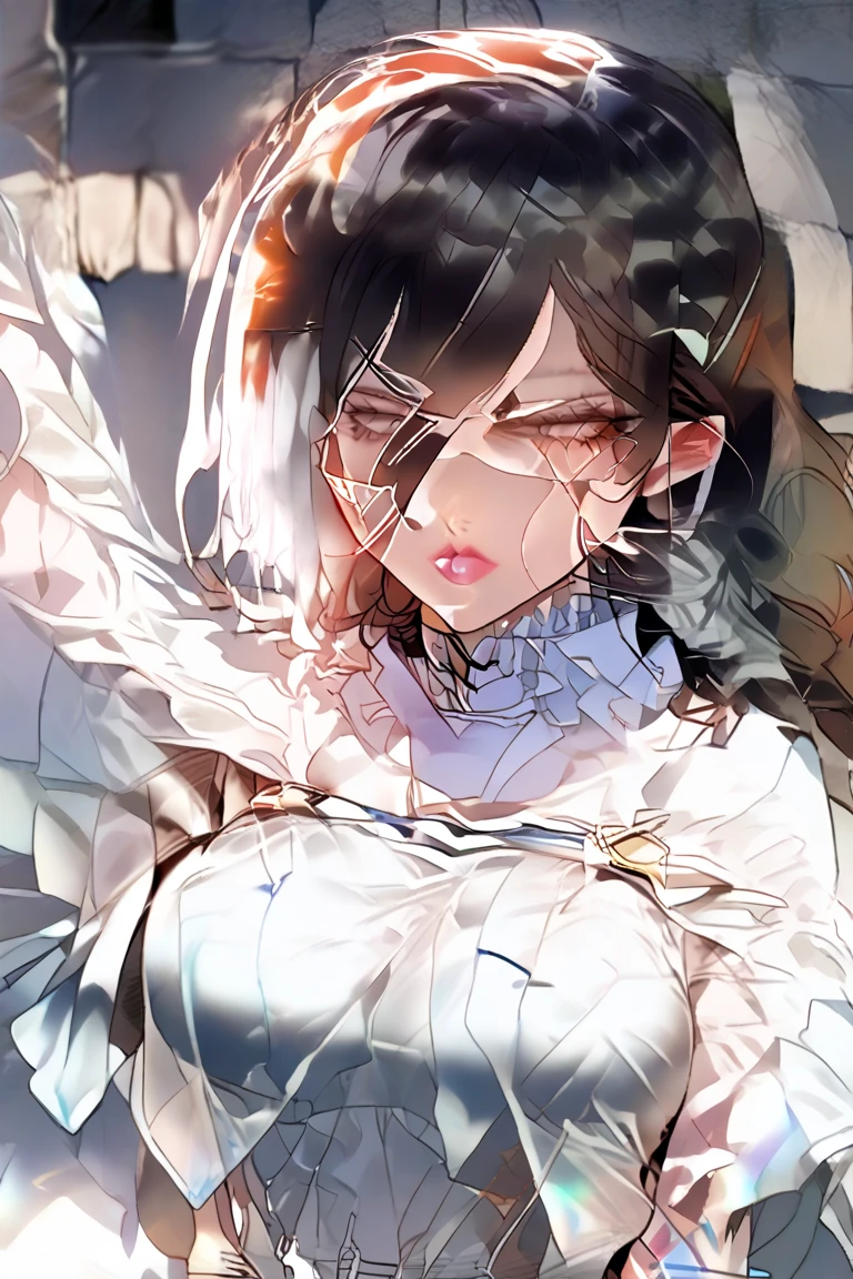 ((masterpiece, best quality)), (1girl), (solo), (female focus), yoru \(chainsaw man\),(very detailed face, real image, realistic white skin, realistic body, intricate details), upper body, looking at the viewer, bandages over the body, black hair, stylish clothes, bandages, bandages, small breasts