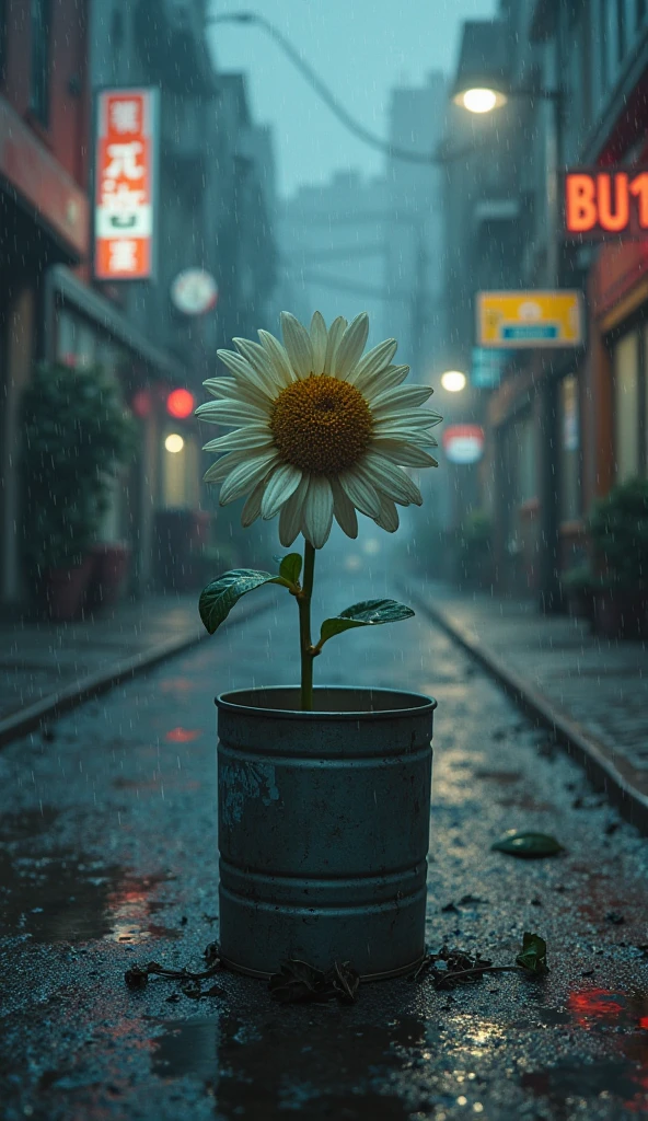 A cute and very little daisy flower arise and blooming from a shaddy, old, destroyed, broken faded red colour place where rain water stored here and there, black theme outside of the flower