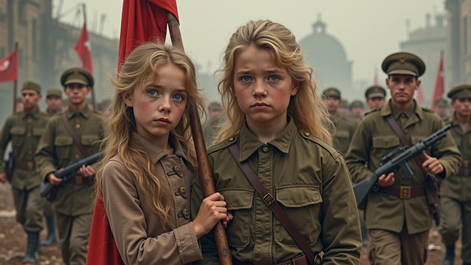 a close-up of a blonde child with long hair and a black hat with a star, URSS, boina preta com uma estrela vermelha, Russo, Russia, kalap, eslavo, boina preta, 1972 soviético, CCCP, plush
