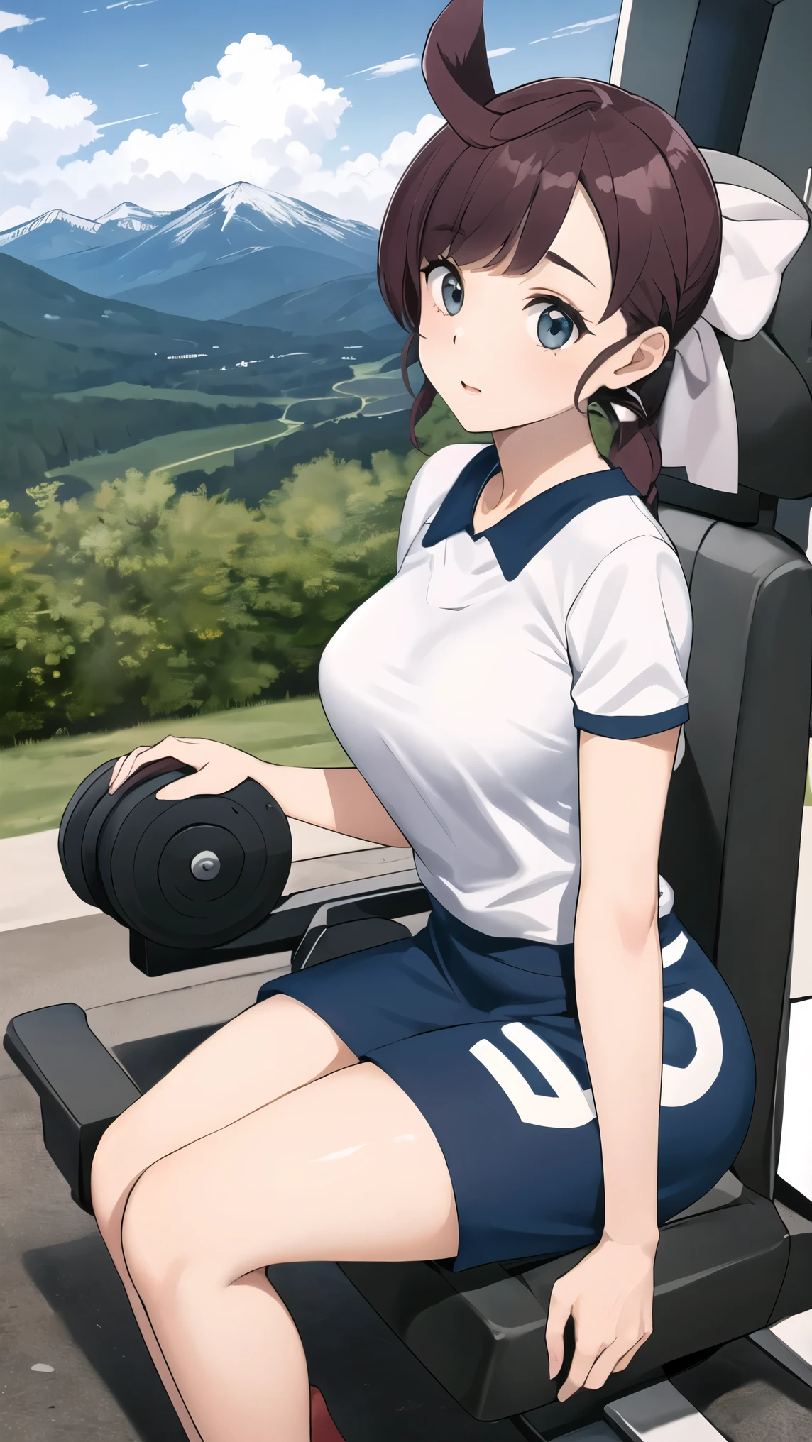 cute girl、gym seat 、 Big bow on 、 clear、 I can see mountains in the back