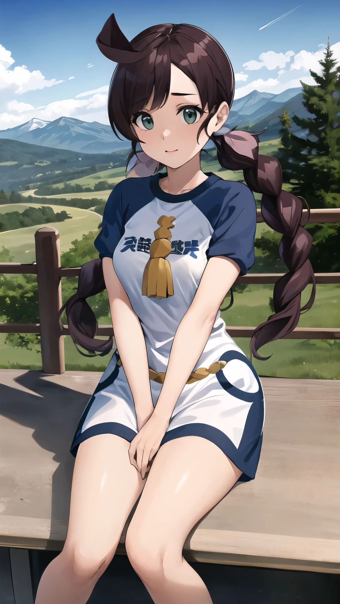 cute girl、gym seat 、 Big bow on 、 clear、 I can see mountains in the back