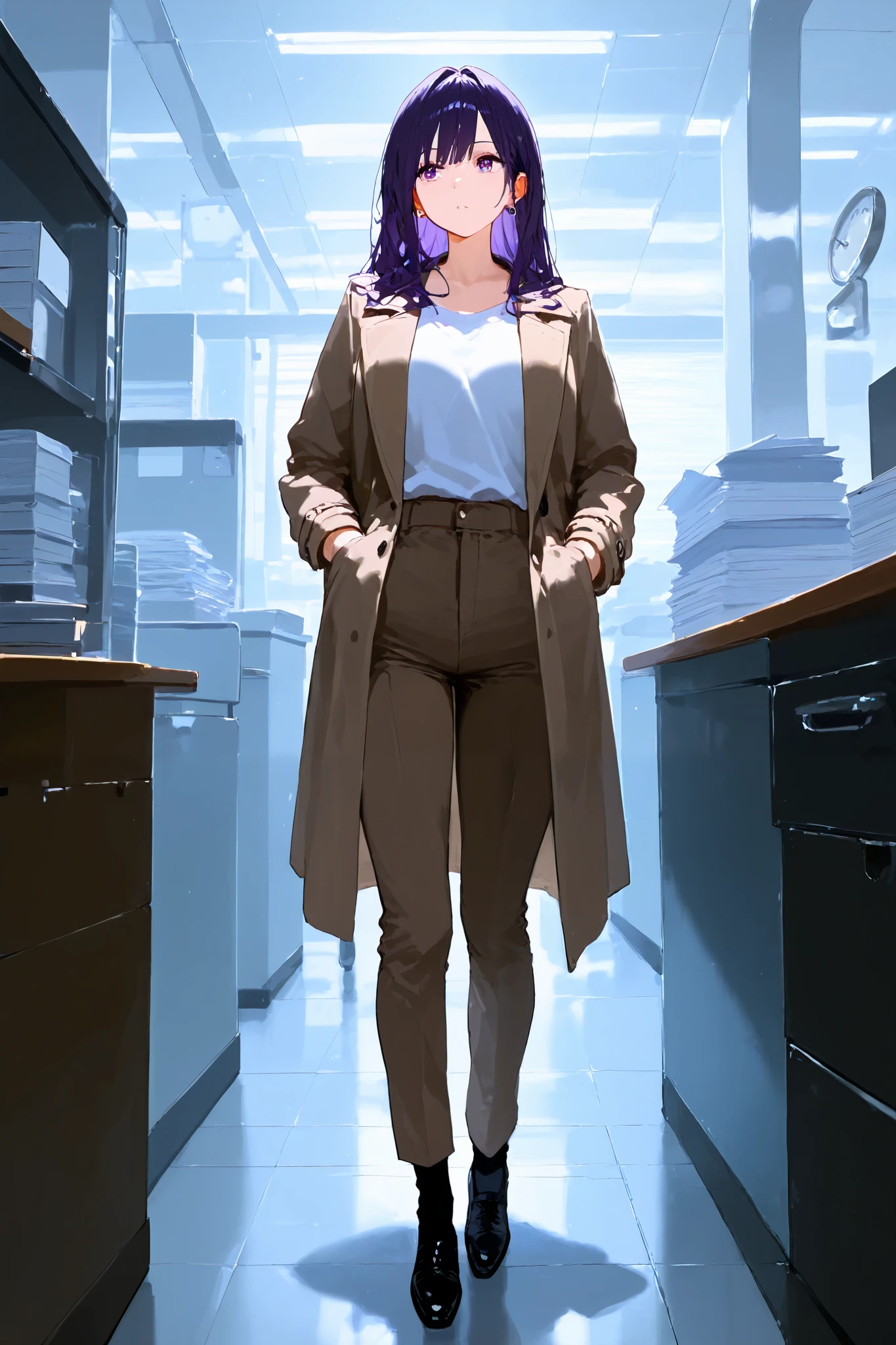masterpiece, best quality, highest resolution,1 girl, solo, right purple hair, brown coat, white shirt, medium long hair, brown pants, black shoes, standing, office, purple eyes, purple earring, holding a clock