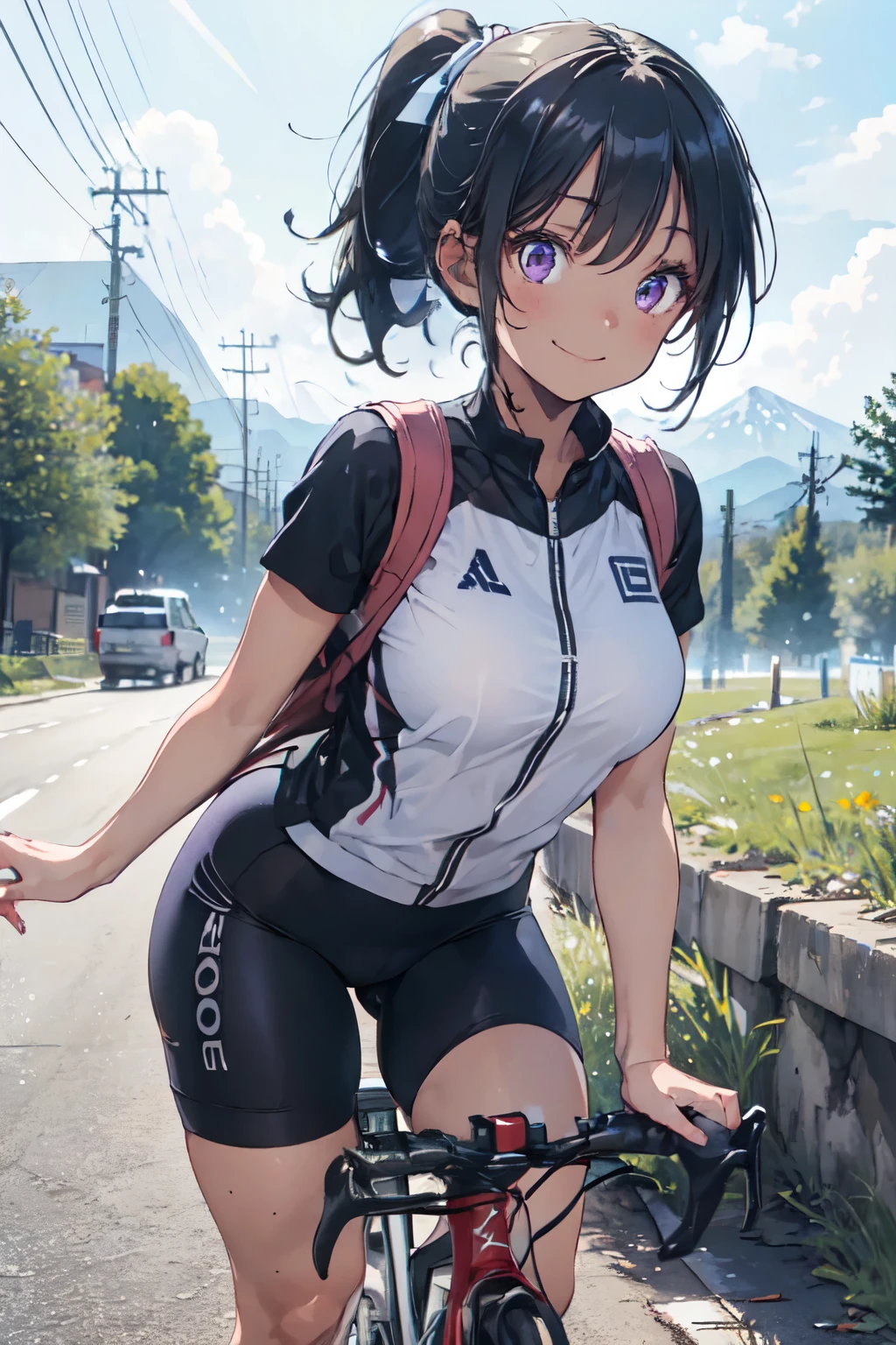 1girl, dark skin, looking at viewer, purple eyes, silver ponytail, Cycling Jerseys, riding roadbike, cowboy shot,medium breast, smile, clear sky, mountain road, best quality, high resolution