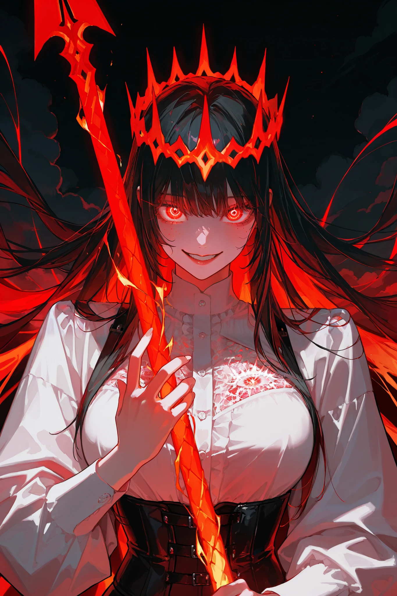 girl with long black hair, fluttering in the wind , long-haired, very big eyes, with her eyes , surprisingly wide patterns, red glowing eyes , Glass retina, white shirt, a corset, big plump lips, slightly open , licks his lips , looks at the viewer, rosy cheeks, turn red , crazy smile , In his hand, a spear , fire spear, a spear with fire, shine, best quality, Glass retina, on a black background , clouds and stars, sky, red aura , red glow , crown of glowing red drops, hanging above me, Radiance all around, bright red light, thin and elegant , emphasis on the eyes, in the background of a blood moon