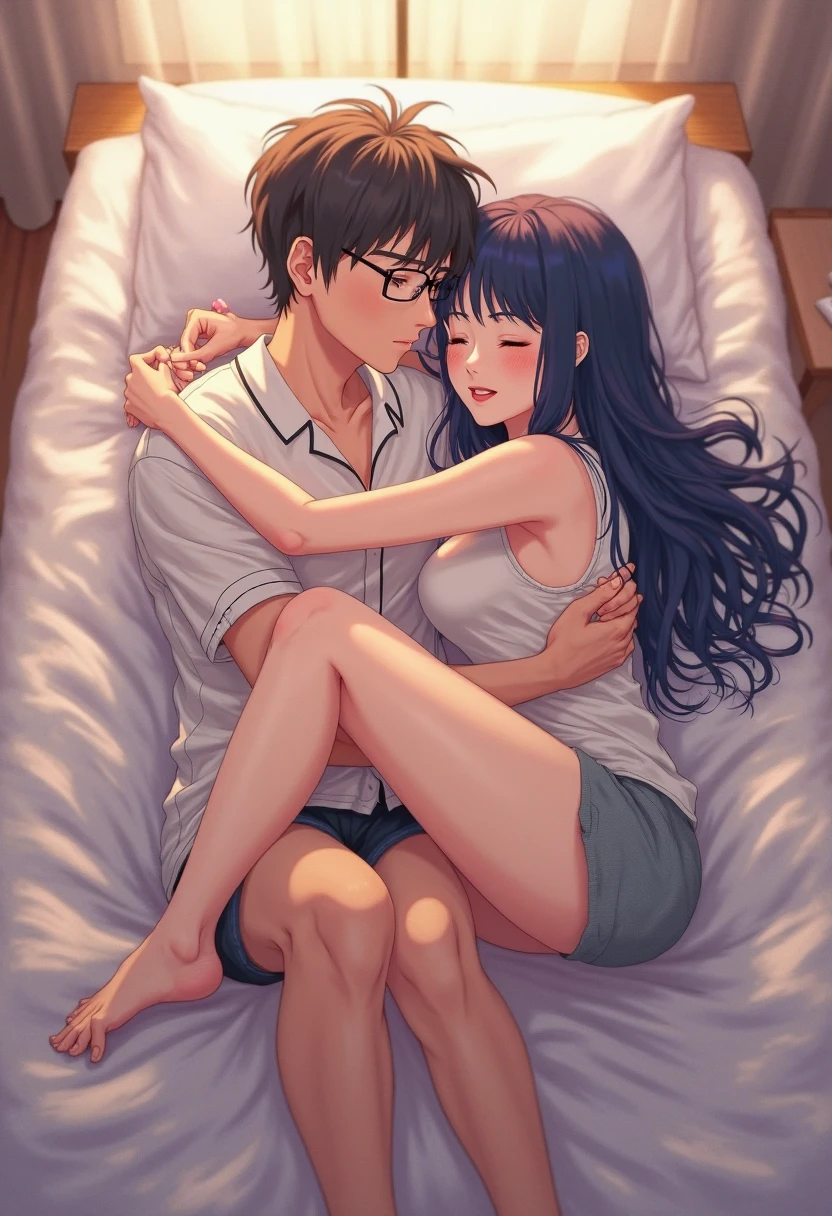 A couple is sleeping on the bed. The couple is wearing short clothes. It is night.