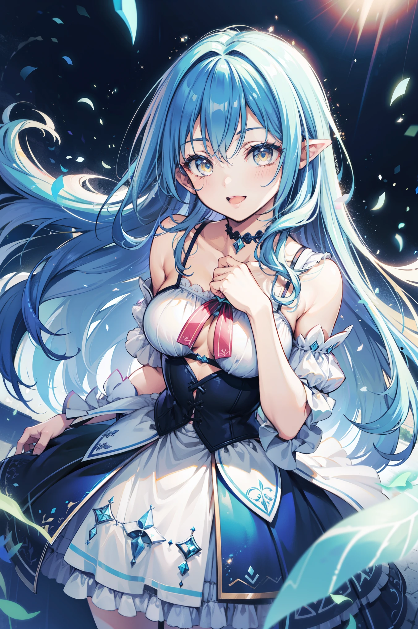 1girl、Star Fairy、Star incarnation、Character design front view、A picture facing the viewer、(((Super detailed、Highest quality、Masterpiece)))、Original cute hairstyle、Milky white and blue hair color、Simple Green Background、vtuber-fullbody,Black 8D glossy stockings
