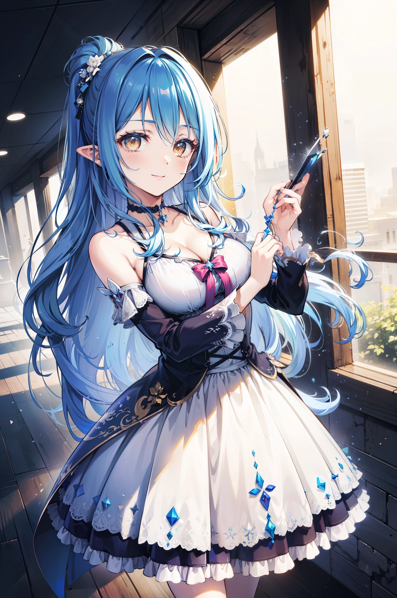 Anime Moe Art Style,Highest quality,High resolution,Anatomically correct,One Girl,Mid-teens,A girl with light blue hair in a ponytail,Super detailed,Fantasy World,Off-the-shoulder tops,mini skirt,Big Breasts,Shiny skin,Beautiful Skin,A rich expression,Serious expression,Hide in the shadows and watch the enemy,Hold the dagger,Eyes drawn in detail,hair ornaments,necklace,bracelet,8K