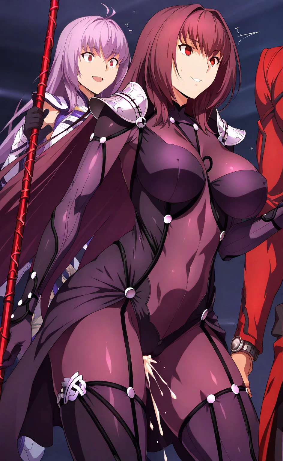 (Highest quality, masterpiece, 8k:1.2), anime art style, ultra-high resolution, hyper detail, Ingrid, one girl, 20 years, adult woman, dark skinned female, pink hair, long hair, hair intakes, lipstick, purple lips, makeup, yellow eyes, mole under mouth, big breasts, dynamic angle, staring at the viewer, (high collar, underboob, elbow gloves, highleg panties, thigh boots, midriff, cape,bare shoulders,black blazer, high heels)