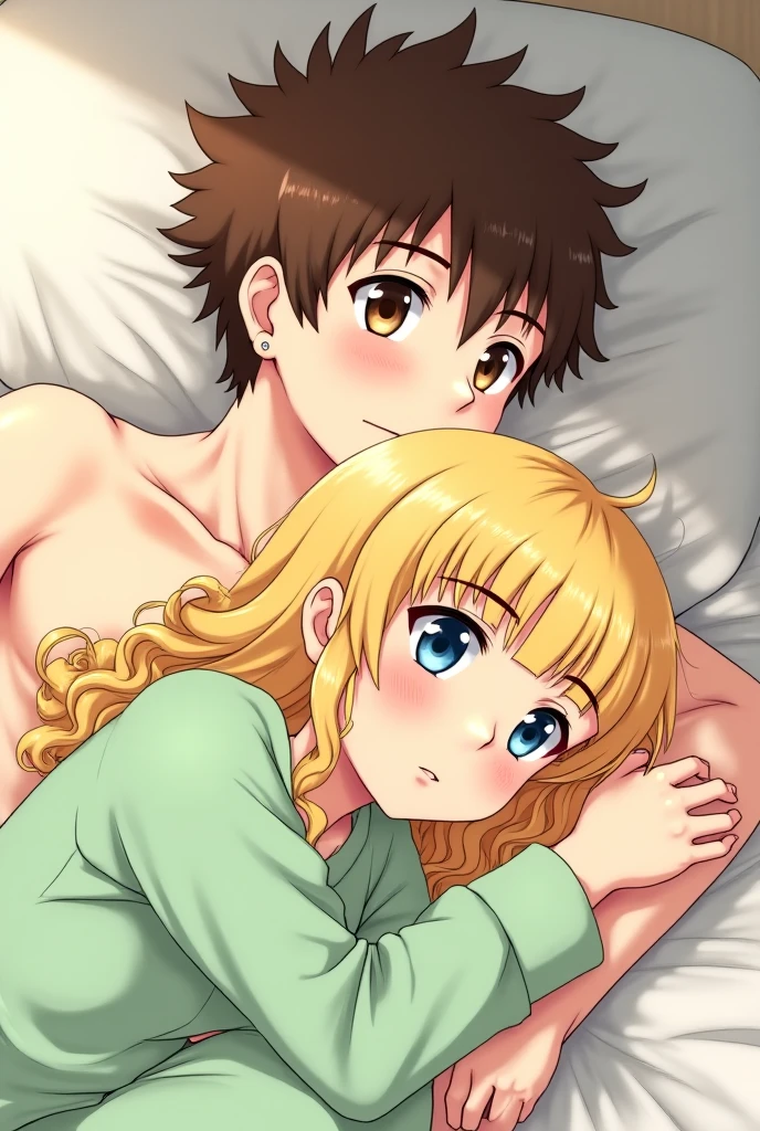 a naked girl and a naked man are lying with a blanket, and a with a teddy bear in her hand in anime style is standing next to her and looking at it