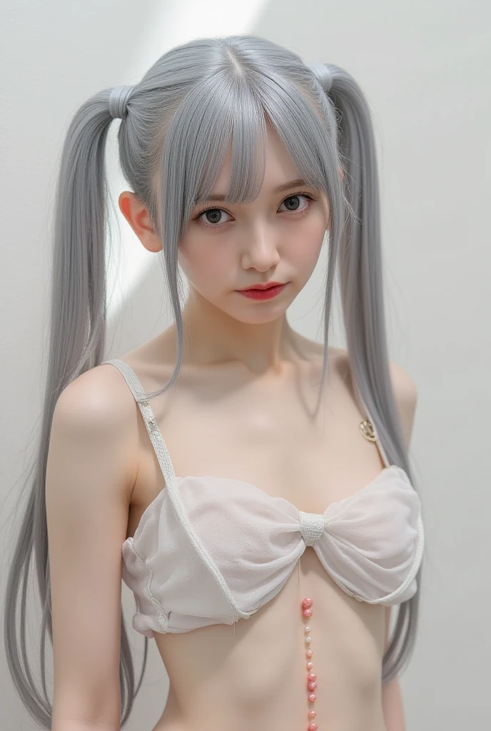 Female in her late teens、Completely naked、With legs apart、Side tail with gray hair、、Shoot from below at an angle from the front、Anime Style