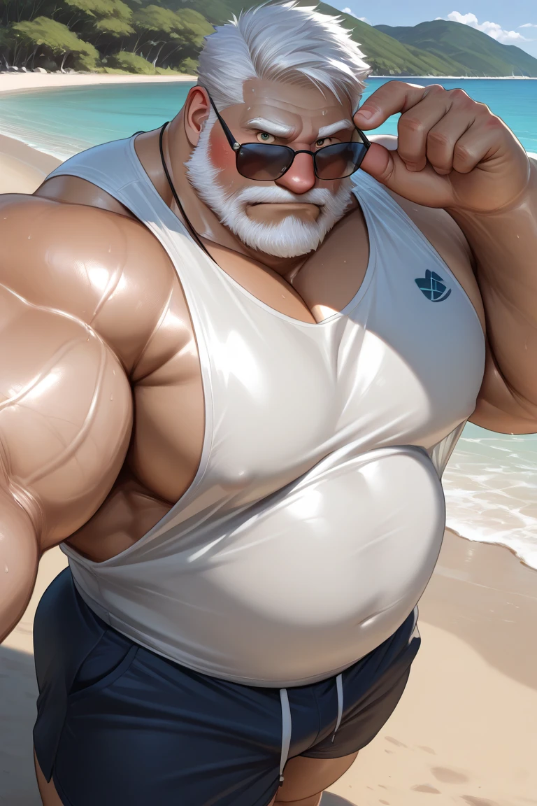 40 year old man gray hair styled hair salt and pepper beard soft pecs tank top dark body hair hairy pecs hairy forearms very hairy happy trail treasure trail sweaty shoulders sweaty forehead sweaty arms jogging shorts medium erect nipples boardwalk pier
