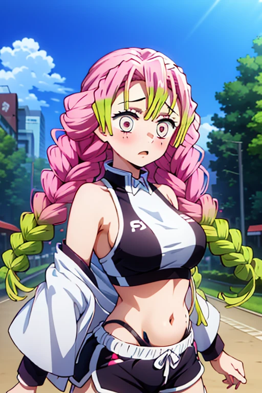 score_7_up, BREAK source_anime, KMitsuriV4XL, 1girl, solo, slight smile, forest,(((((mitsuri)))))oitdoor, professional light, standing, dutch angle, (((((sexy pose in underwear)))))(((( line visible))) arm's above showing armpits
