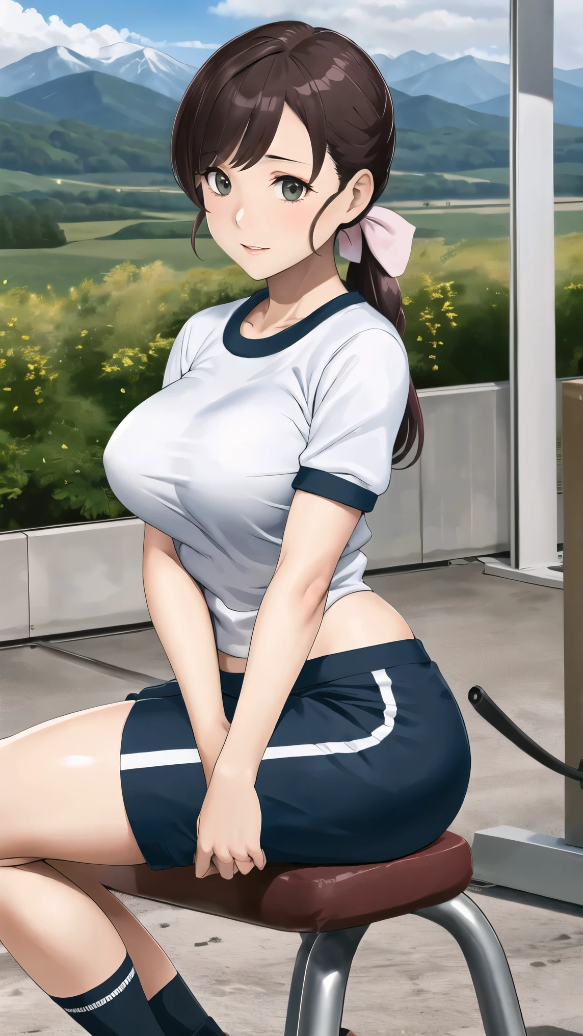 cute girl、gym seat 、 Big bow on 、 clear、 I can see mountains in the back、very small breasts