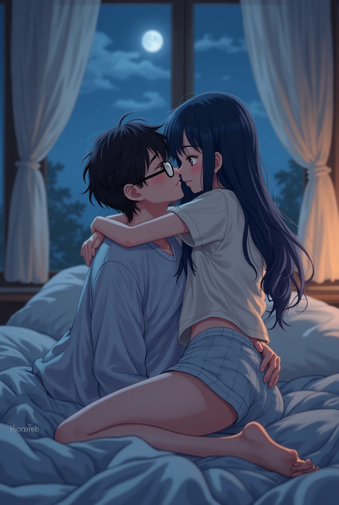 Anime drawing of a woman with long navy blue hair, cuddling in bed with a man with short black hair wearing glasses