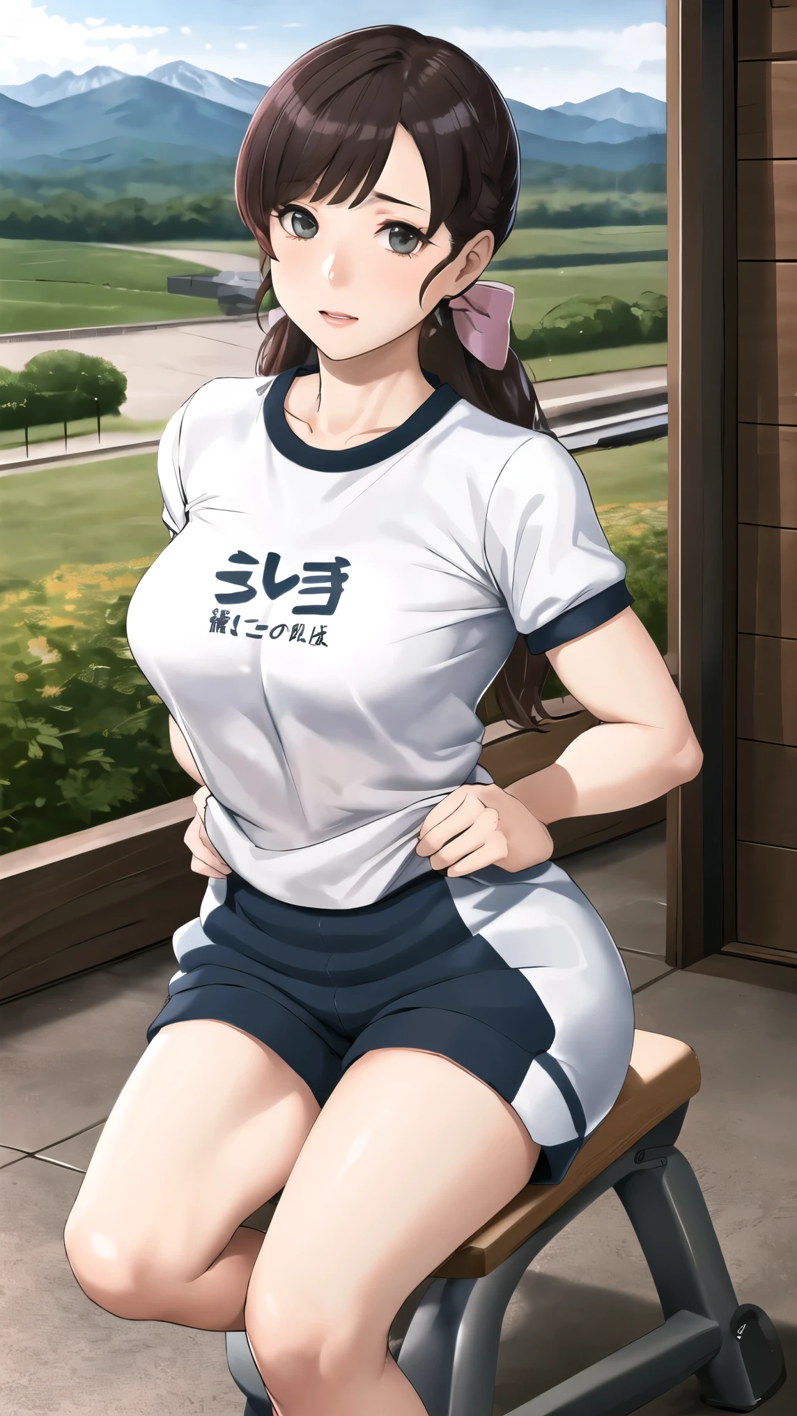 cute girl、gym seat 、 Big bow on 、 clear、 I can see mountains in the back、very small breasts