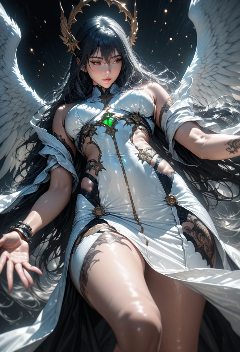 Visual novel, light painting, hyperspectral imaging, exposure, adult female, black hair, closed eyes, light wings, deep V backless sheer nun dress, clear facial features, delicate face, prayer