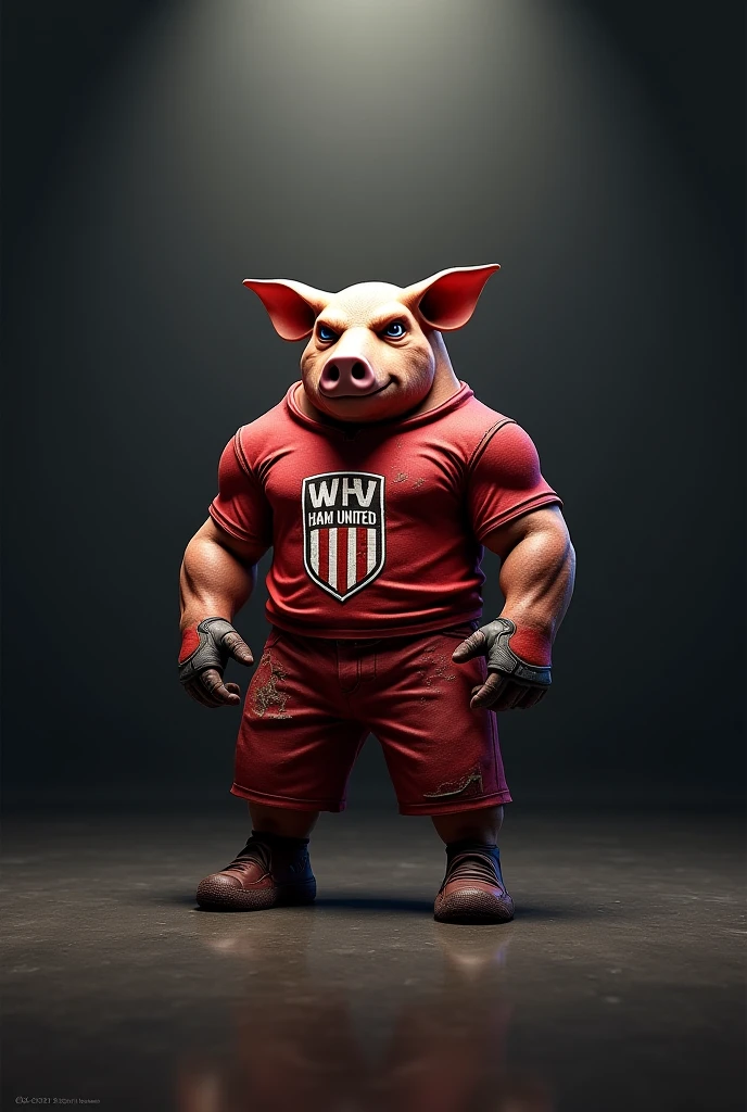 A very strong person in a gym with a pig face (animal) sound. With a tattoo on the chest that is the FC Barcelona shield (Barça) and another one that said I LOVE PWC