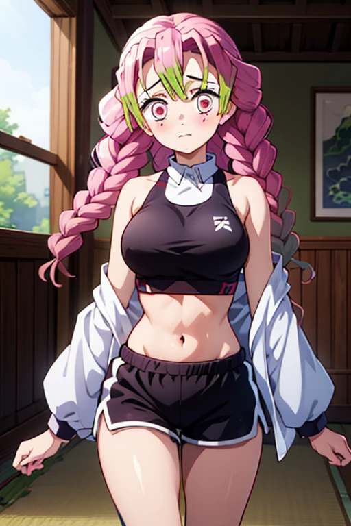 masterpiece, best quality, best aesthetic,
takagi saya, 1girl, orange eyes, long twintails, long hair, breasts, (pink hair:1.1025), bangs, hair between eyes, (large breasts:1.1576), cleavage, (blue crop top, bodice:1.21551), black boyshorts, (short shorts:1.15763), (black short:1.15763), underwear only, (glasses:1.21551), shorts, navel, closedmouth, (black ribbons:1.1025), seductive smile, solo, living room, setting, standing, looking at viewer, (front view:1.1576), cowboy shot, 8k, highschool of the dead,