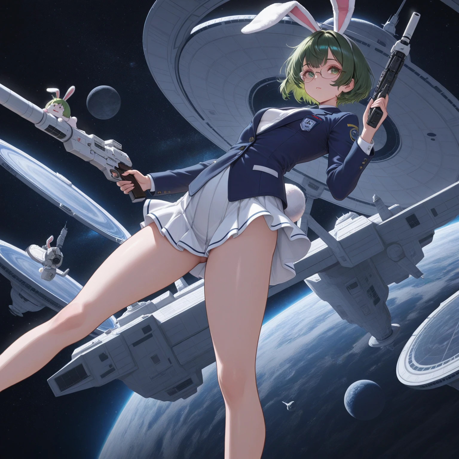 Highest quality, masterpiece, Ultra-high resolution, One girl,

blondes、Smooth Hair、Two-tone hair、Bobcut、Red Eyes、Sparkling Eyes、Detailed eyes、Slanted Eyes、Tanned, wheat-colored skin、Brown Skin、Traditional deep green sailor suit、White socks、loafers、whole body、Low - Angle、Fanning angles、Fantastic scene、Standing with your legs apart、Arms crossed、Confident expression、The full moon appears to be the same size as the large white body、A ruined world、White Moon、Fantastic space、Perfect proportions