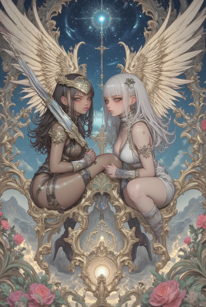 deity, God, halo, jewels, angel wings, ethereal, clouds, detailed face, spreading legs, 2 girl angels, extreme abs, space buns, multicolor hair, high heels, looking at the viewer, nudity, sigils of freedom, surreal, misty,2 beautiful girls,heaven, completely naked, cute face, unique face, long hair, extreme abs, on the clouds, extreme abs, naked, heaven, naked, serene, peaceful, playing, golden gates, beautiful girl elf, gold colors on black, cloud heaven, cute face, unique face, long hair, rainbow colours, deity, God, halo, jewels, cloud city, angel wings, ethereal, surreal, misty, jewlery , nudity,
