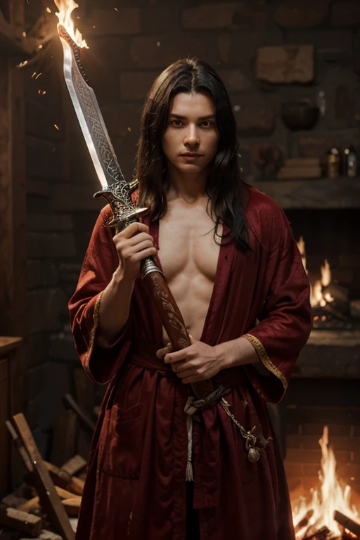 Huge muscles,((Huge erect penis)),Ashton,Robe,Two Dragons,紫のRobeに青いマント,Black Bandana,Her hair is chestnut brown and medium-long and straight.,Carrying a sword,,Face enduring pain,宝石の装飾がついたRobe留め