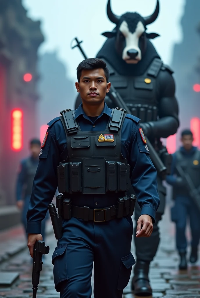 (nmasterpiece),Best Picture Quality,Super fine illustration,Interprets the handsome image of 35-year-old Hong Kong police detective Kong Lin, who is mature and mature。very muscular,Short hair and inadequate trimming of stubble,Dress up in a surreal city。Magic gathered around him,The red dragon flew by leisurely。Background details are exquisite,The scene is surreal,Create an enchanting graphic style。