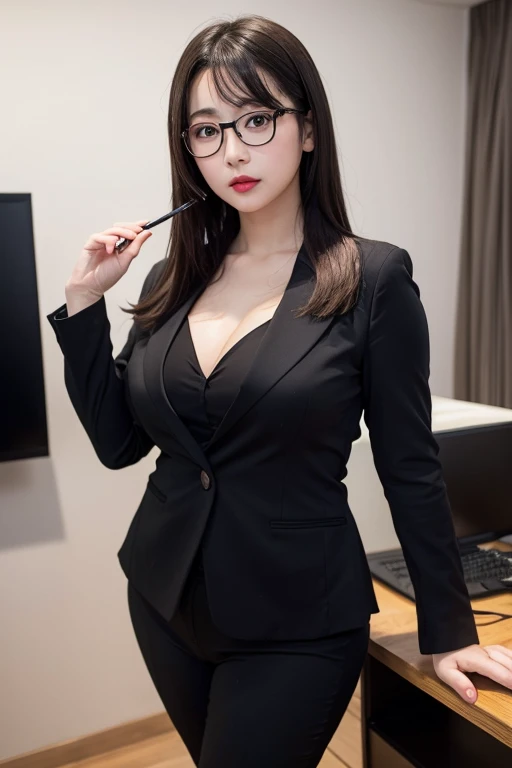 works as a manager in the dark, in the dim office, (((round face))), ((standing and showing off pubic)), spread legs, blouse, id card, crouching, open legs, raise leg, (((glasses)))