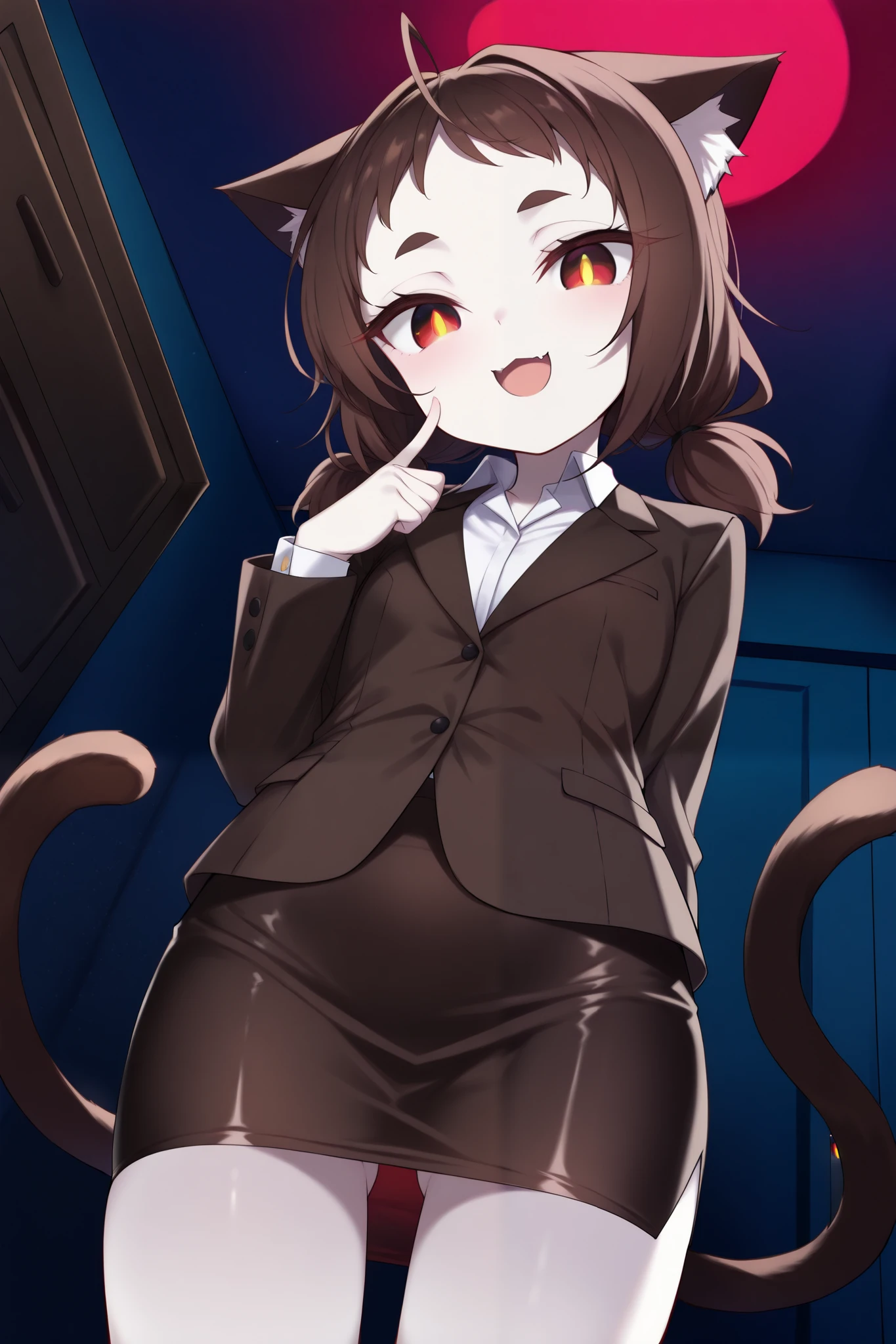 score_9, score_8_up, score_7_up, (dim, dark room, deep shadows, witch forest), pale skin, looking down at viewer, from below, (solo, 1girl, nekomata, red eyes, dark brown hair, low twintails, short twintails, very short bangs, cat ears, white fur inside cat ears), (((, thin, petite, short body))), (Office lady suits, tight skirt), finger to cheek, head tilt, ((two cat tails)), big eyes, cat eyes, eyelashes, lower eyelashes, (((gold pupils))), blash, open mouth, (evil smile)