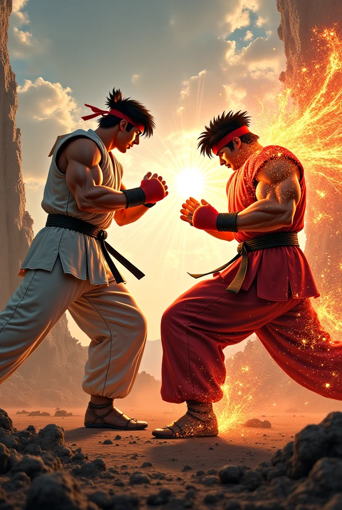 Create an ultra-realistic very detailled face and cinematic image of Ryu as Henry Cavill and Ken as Chris Hemsworth, facing off in a dense forest, energy swirling around them, Ryu charging up a blue Hadouken, Ken preparing a fiery Shoryuken, intense expressions, leaves flying in the wind.