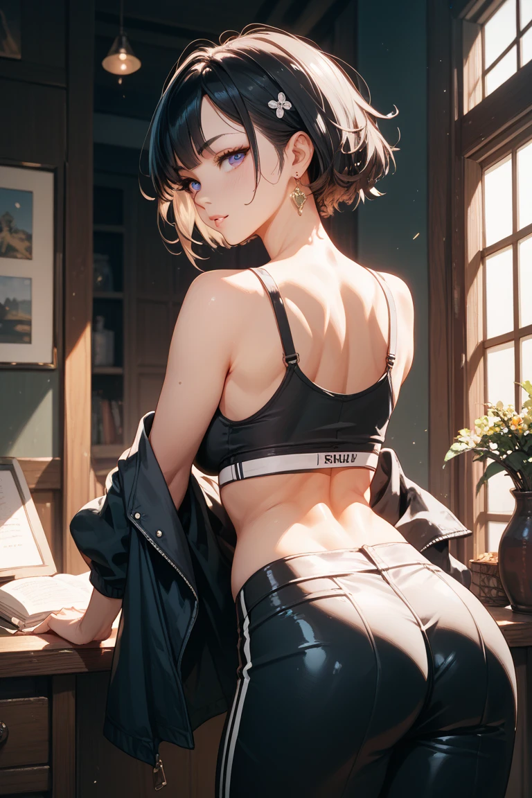 (short cute girl，small young student，young delicate girl）,（masterpiece，Top quality)，hoodie，A Gray Sports Bra，black hair