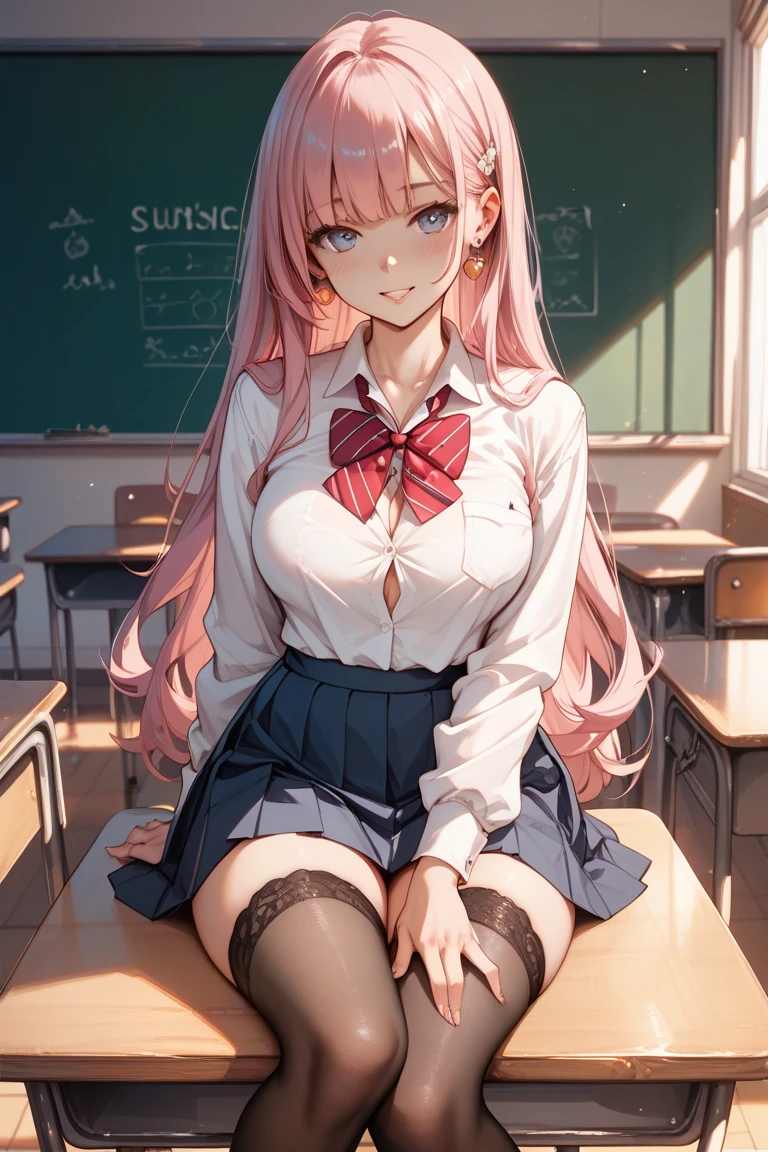 NSFW, 1Woman, ((best quality)), ((masterpiece)), (detailed), beautiful face, (defiance512:1.2), solo, sitting, bright pink hair, (((sexy bra))), (((school girl skirt))), (((long socks))), (((ahego face))), (((long hair))), big bright pink eyes, bangs, (((evil smile dominant expression))), (((extremely dominant pose))), (((school classroom background))), (evil:1.2), looking at viewer, (interview:1.3), intense seductive gaze, contrasting soft skin, (lighting:1.2), ((best quality)), ((masterpiece)), (detailed), perfect face