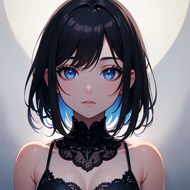 Girl illustration Cool Blue eyes Bob hair Black hair with gray gradation at the ends Chandelier hanging above the head The top of the head fits in the frame Crouching Full body